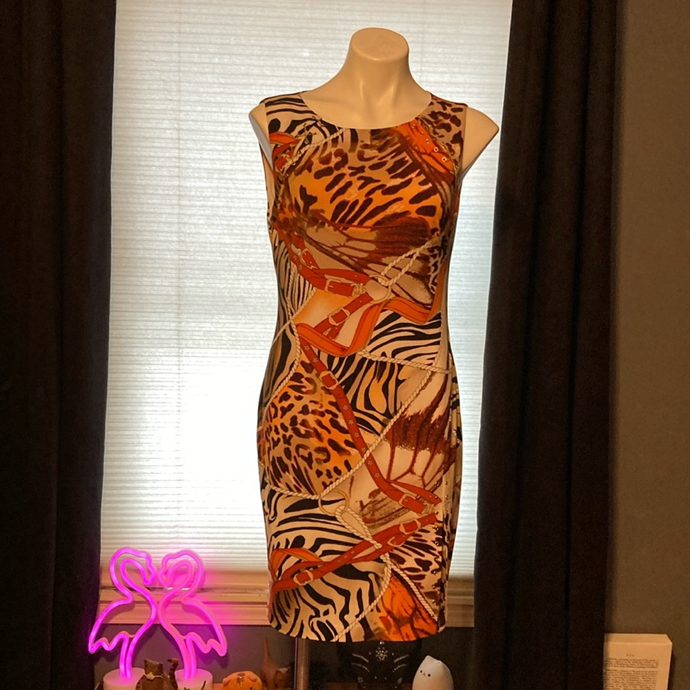 Caché chain lacing bodycon purse strap/animal print grommet dress size L